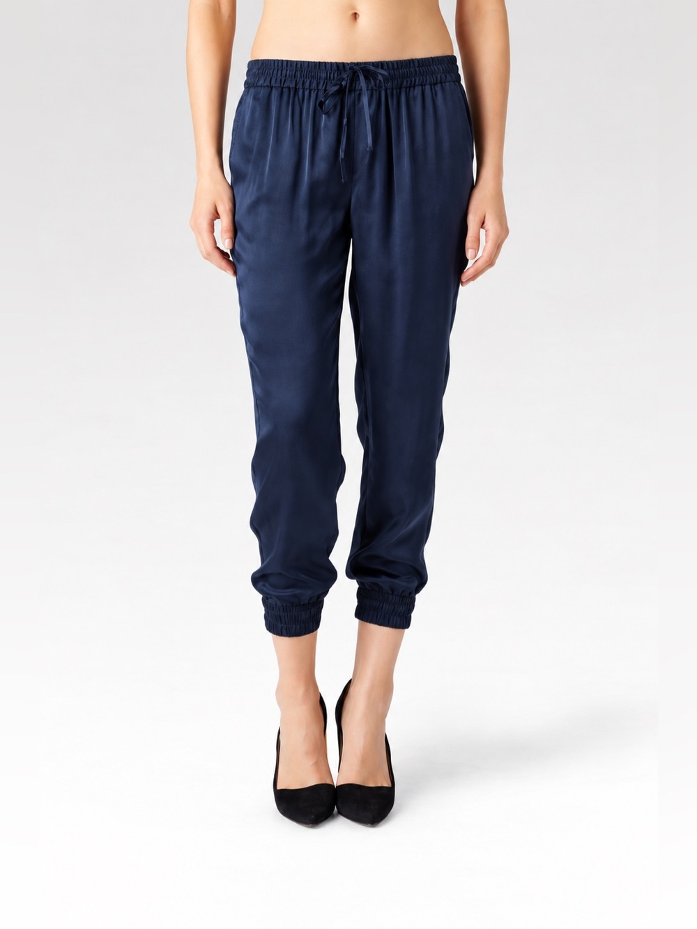 Paige Jadyn 100% Silk Drawstring Joggers Pants XS Navy Blue Quiet Luxury Minimal